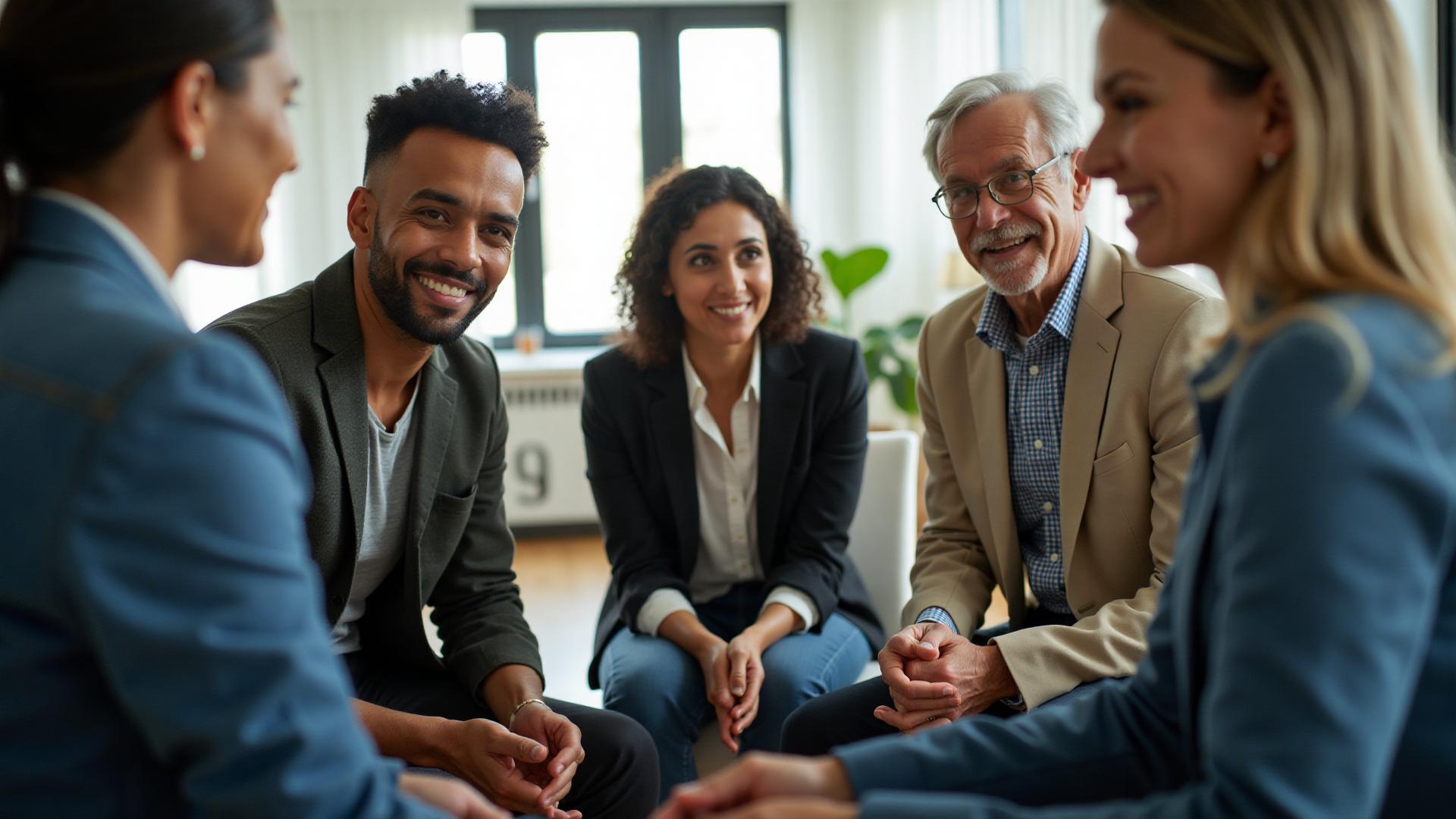 Diverse group of professionals in a coaching session discussing emotional intelligence